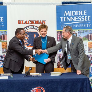 MTSU will become a partner in Blackman High School’s new Collegiate Academy, offering college-level courses on the high school campus this fall and assisting in the development of its academic enrichment programs. The agreement signed by MTSU President Sidney A. McPhee, Blackman Principal Leisa Justus, and Don Odom, Director of Schools will allow Blackman juniors and seniors who meet eligibility standards to take up to six hours of university courses at no cost to students.