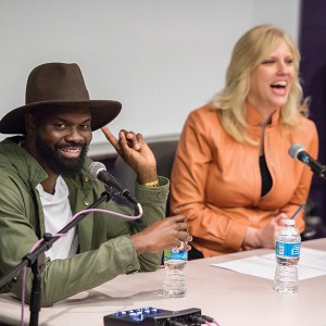 MTSU alumnus Torrance Esmond, left, and Beverly Keel, chair of the Department of Recording Industry, react to a student's question during Esmond's return visit to campus March 3. Esmond, who’s known professionally as “Street Symphony,” and fellow former MTSU student Lecrae Moore co-wrote "Messengers,” winner of the Grammy for Best Contemporary Christian Music Performance/Song during last month’s 57th annual ceremonies in Los Angeles, for Moore’s newest release, “Anomaly.” (MTSU photo by Andy Heidt)