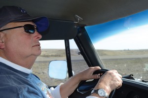 MTSU professor Cliff Ricketts checks his rear-view mirror while driving on I-90 March 10. In the "Southern Fried Fuel" trip using waste chicken fat and used cooking oil from MTSU dining facilities, he and his team completed a successful 3,500-mile trip from Key West, Florida, to Seattle, Washington, March 10. (MTSU photo by News and Media Relations)