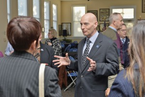 Retired Lt. Gen. Keith Huber chats with attendees at Thursday's reception inside the Tom H. Jackson Building to welcome him to the MTSU campus. Huber joins MTSU this semester as senior adviser for veterans and leadership initiatives. (MTSU photo by Andy Heidt)
